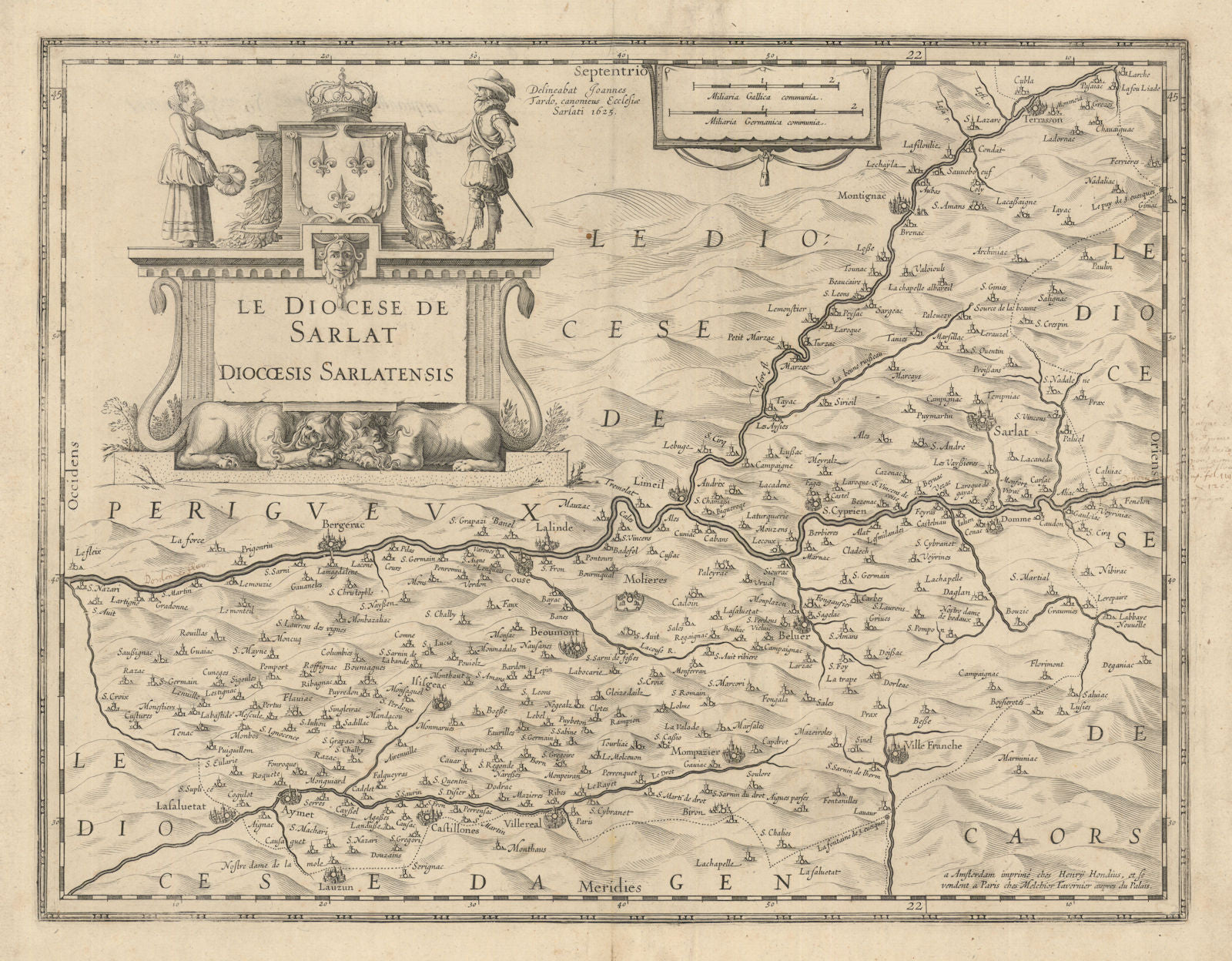 Le Diocese de Sarlat. Diocoesis Sarlatensis. Southern Dordogne. Hondius 1625 map